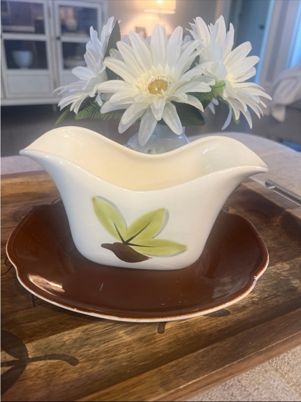 Vintage 1950’s Continental Kilns “Woodleaf” Double Spout Gravy Boat